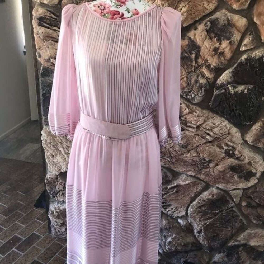 Vintage Pink Striped Dress w/ Belt and Slip Size 14